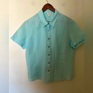 J Jill 100% Linen short sleeve pleated button down blouse